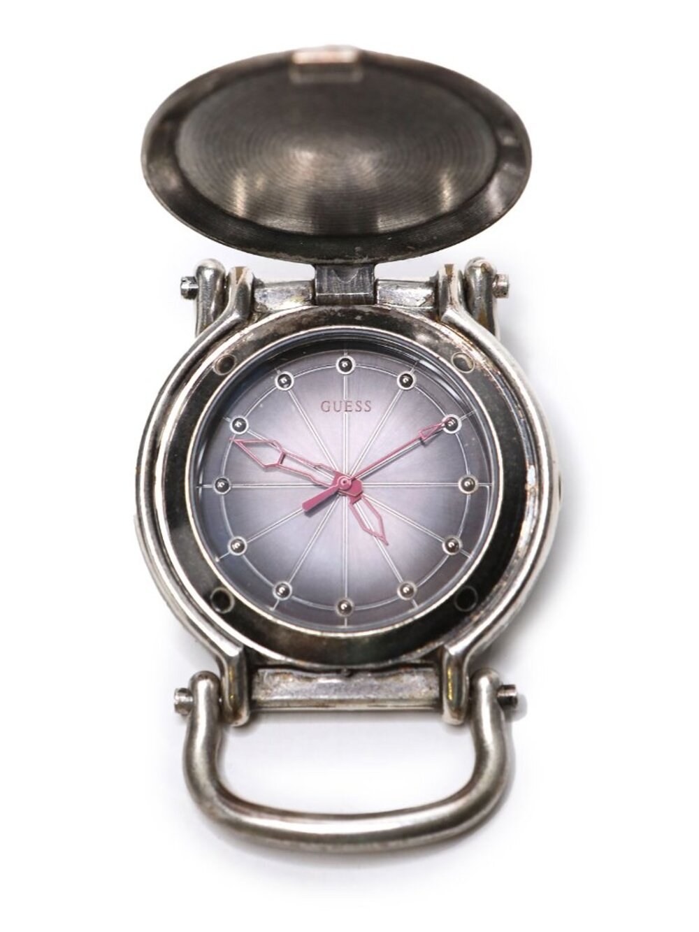 Vintage Guess Silver Tone Flip Top Pocket Watch Red Hands Japan Movt New Battery - Picture 10 of 10